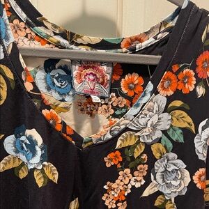 Johnny Was Black Floral Short Sleeve Tee with Orange and Blue Flowers